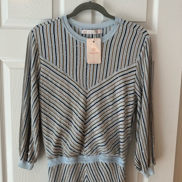 NWT Maria Pavan Long Sleeve Striped Blue Dress with Sequin Details XL - Picture 2 of 5